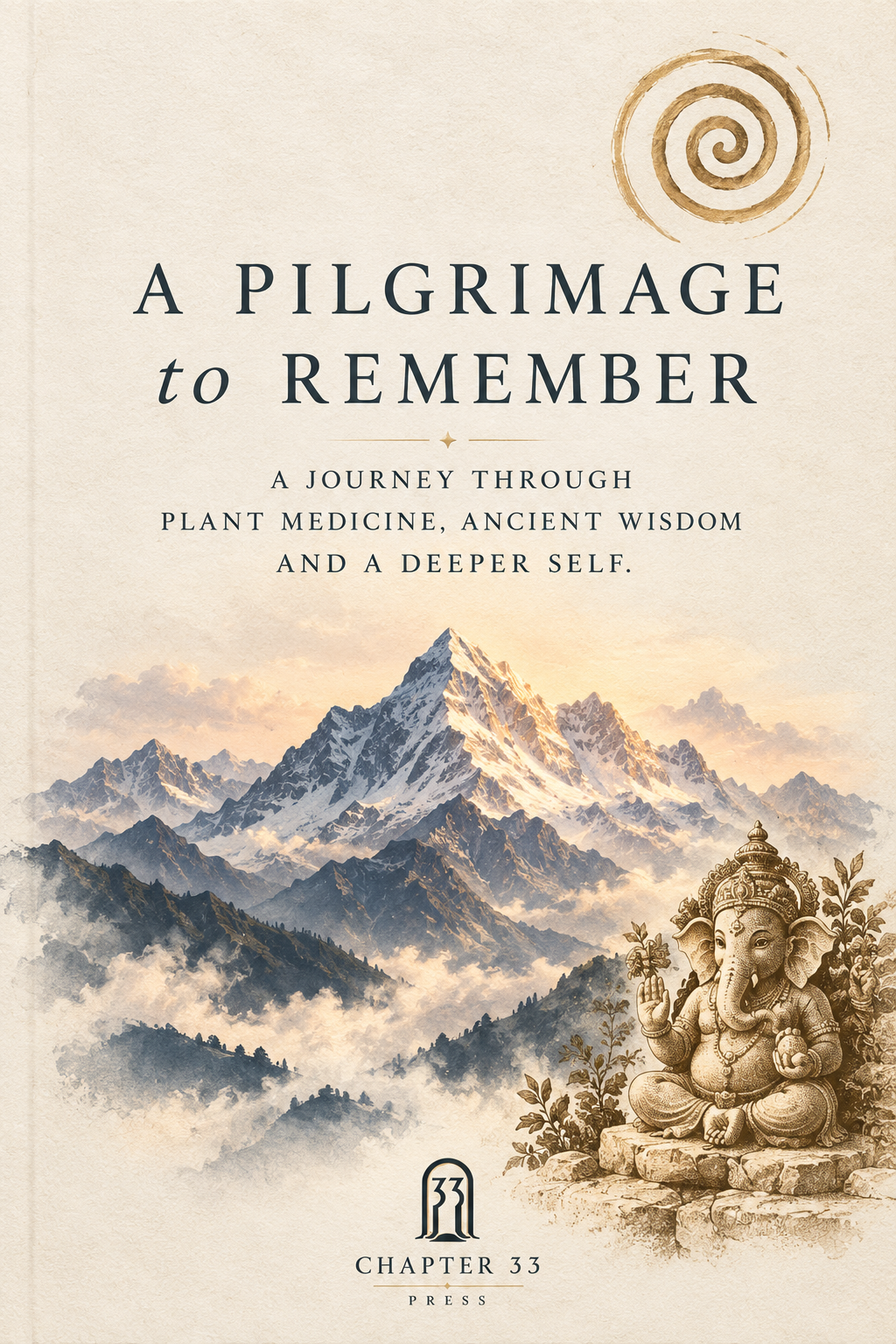 A Pilgrimage to Remember cover with mountain, spiral, and Ganesha