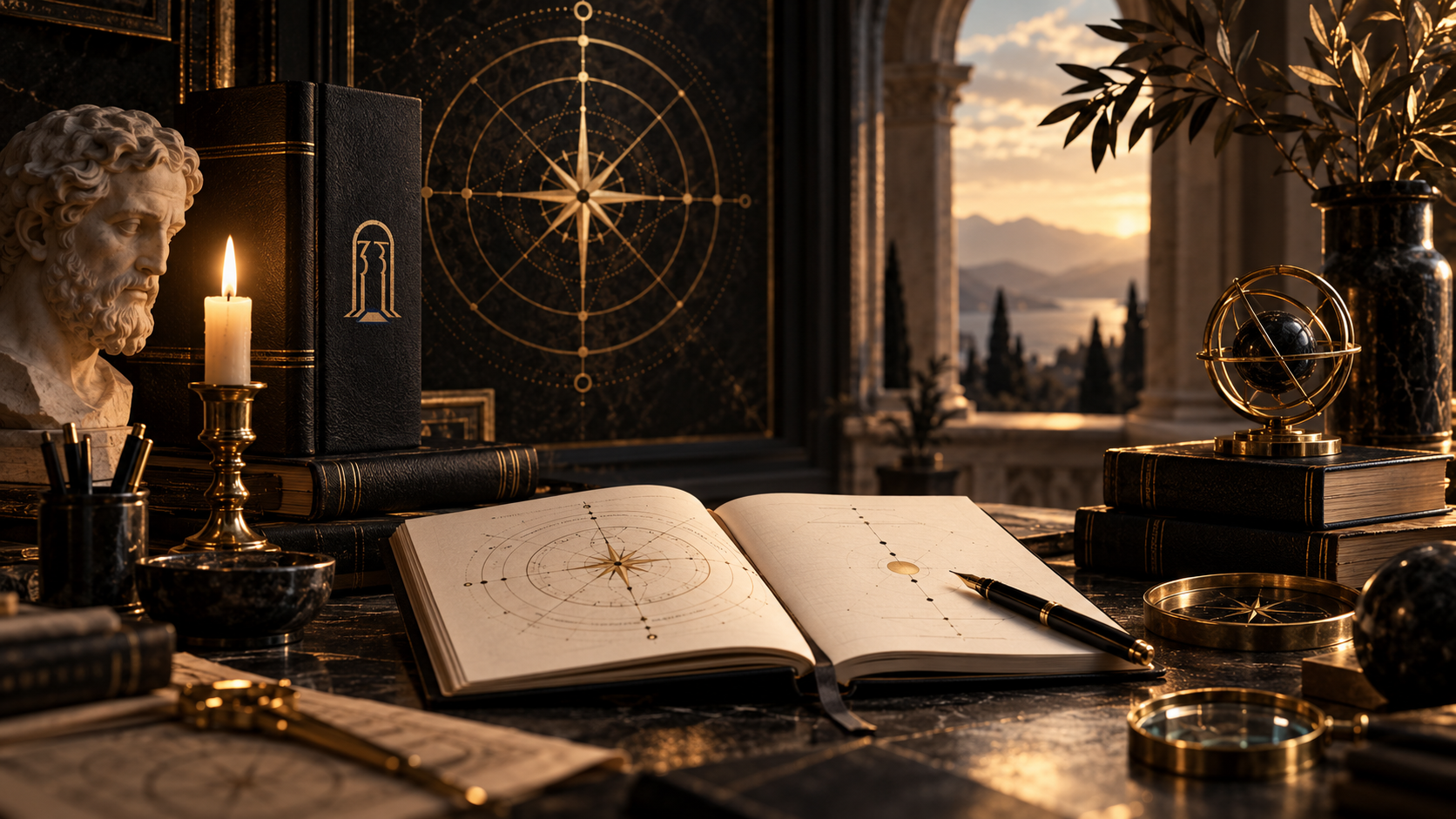 Astrolabe study with books, notebook and geometric diagrams