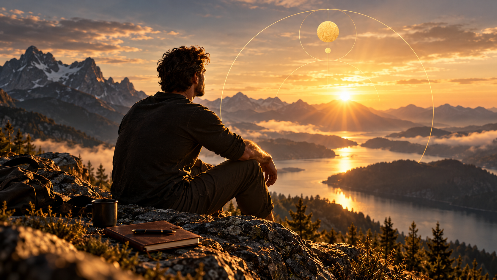 Man reflecting at sunrise above a mountain lake with subtle geometric symbolism