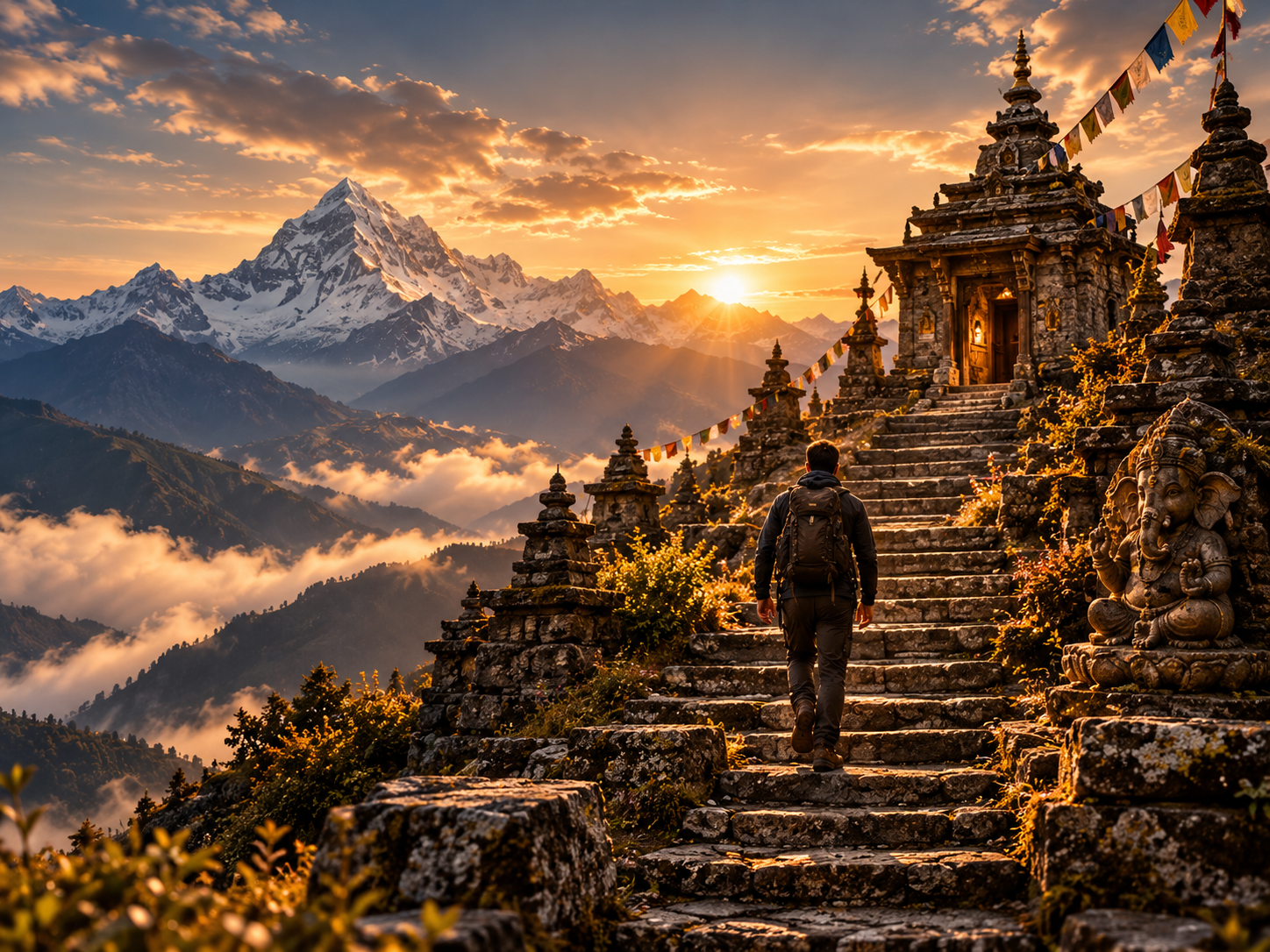 Pilgrim ascending a mountain shrine at sunrise